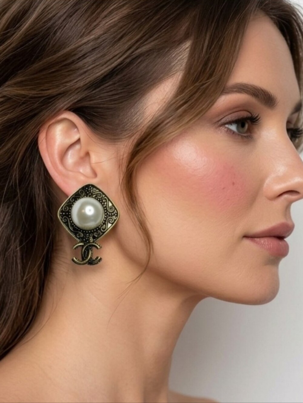 Vintage Style, Faux Pearl CC Statement Earrings, New